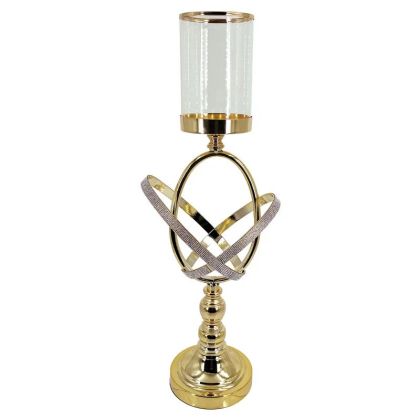 МЕТАЛЕН СВЕЩНИК, ЗЛАТЕН/БЕЛ, КРЪСТОВ ПРЪСТЕН СЪС СТЪКЛО И СТРАС, ГОЛЯМ - Φ19x57см, 12/КУТИЯ