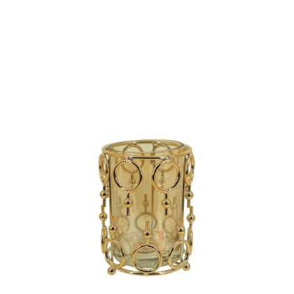 МЕТАЛЕН СВЕЩНИК, ЗЛАТЕН/МЕДЕН, ЦИЛИНДЪР, КРЪГЪЛ, МАЛЪК, СЪС СТЪКЛО - Φ12x17см, 24/КУТИЯ