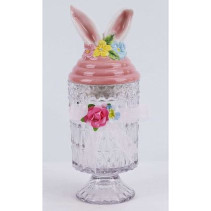 ПРОЗРАЧНА КЕРАМИЧНА КУТИЯ ЗА БИСКВИТКИ С РОЗОВ КАПАК ВЪВ ФОРМАТА НА ЗАЕШКИ УШИ 13X12,5X29,5 СМ