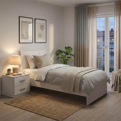 Ляв ъглов диван Нова Карина в сив цвят със светли възглавнички и табуретка с размери 278х218х85см