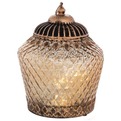 СТЪКЛЕН ФЕНЕР ВЪВ ВИНТИДЖ СТИЛ С LED СВЕТЛИНА И МЕТАЛЕН КАПАК В ЗЛАТИСТ ЦВЯТ 15X15X19 СМ