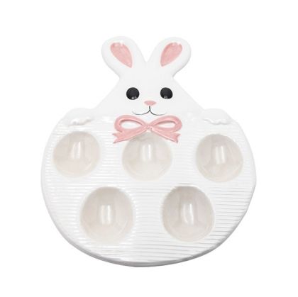 Decorative Easter egg pot with rabbit, ceramic, white - pink, 27x17.8x2.2cm