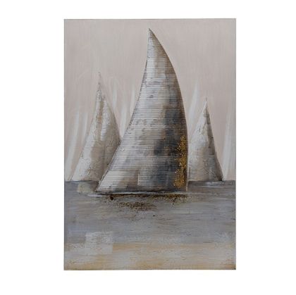 Painting ship, beige-light blue-gold 60x90cm