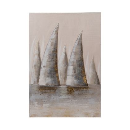 Painting ship, beige-light blue-gold 60x90cm