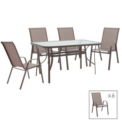КОМПЛЕКТ МАСА И СТОЛОВЕ 7 ЧАСТИ ENSURE-CALAN МЕТАЛ-СТЪКЛО КАФЯВ 140X80X70СМ