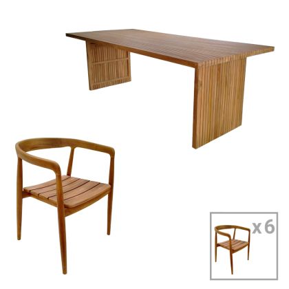 Table and chairs set 7 pieces. Noody-zibra teak in natural shade 220x100x75cm