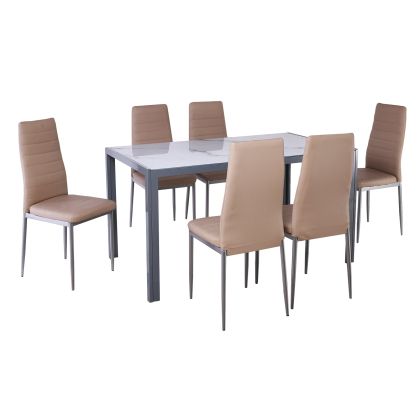 Комплект маса и столове Jetta-dego: маса + 6 стола, сив метал - мраморно стъкло - бежово Pvc