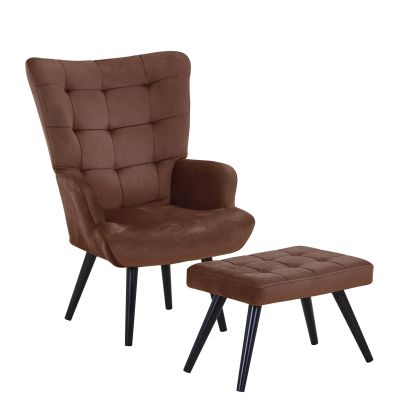 Lobby armchair - Bergerac with footstool - footstool, black metal, brown suede fabric