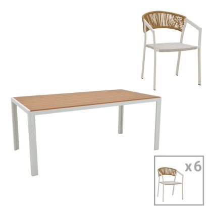 DINING TABLE NARES-GLISTEN B SET OF 7 PIECES WHITE ALUMINUM AND NATURAL PLYWOOD 180X90X72.5CM