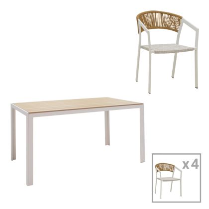 DINING TABLE NARES-GLISTEN SET OF 5 PIECES WHITE ALUMINUM AND NATURAL PLYWOOD 140X80X72.5CM