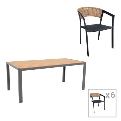DINING TABLE NARES-GLISTEN 7-PIECE SET ANTHRACITE ALUMINUM AND NATURAL PLYWOOD 180X90X72.5CM