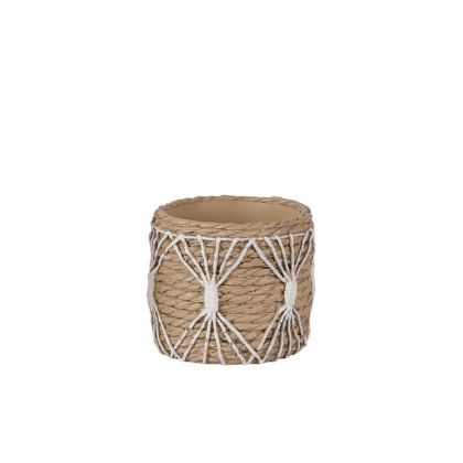 Cement pot, beige, round, woven Φ15.5x13cm - 1/12box