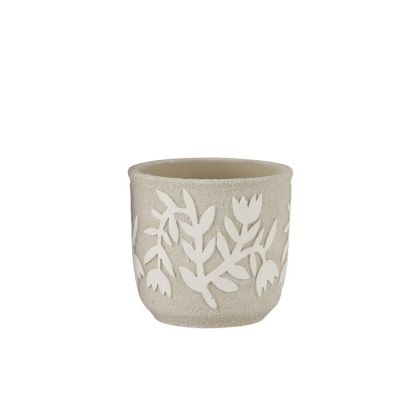 Cement pots, creamy beige, embossed plants - Φ14x13cm 12/box