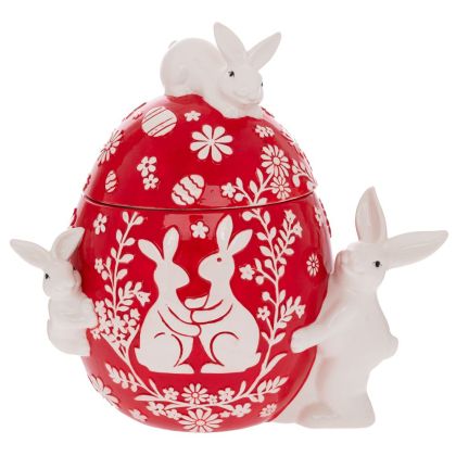 RED CERAMIC EGG-SHAPED COOKIE JAR WITH RABBITS 25X20X30 CM