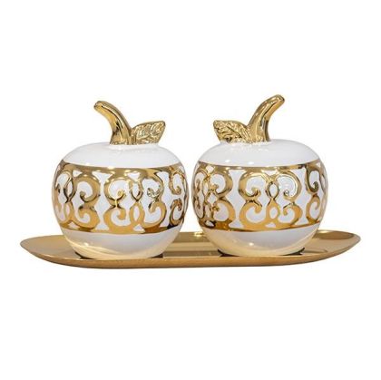 S/2 ceramic apple white-gold 23X9.5X11.5CM