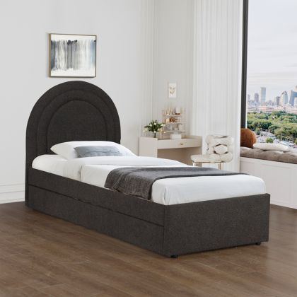 Arched bed, anthracite boucle fabric, with sliding bed, 90x200 cm