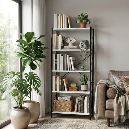 Bimblem bookcase, white marble with black metal, 60x30x150 cm