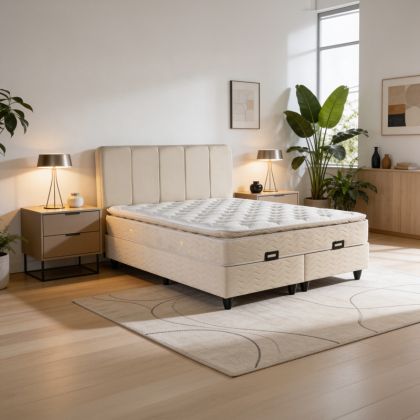 Lunda double bed with storage, cream velvet, 160x200 cm
