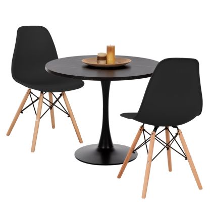 3-piece table and chair set Rollo HM21389 round table - 2 dining chairs in black