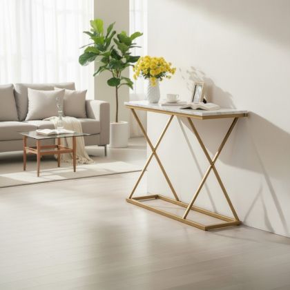 Glimmer console table, white marble top with gold metal, 100x30x80 cm