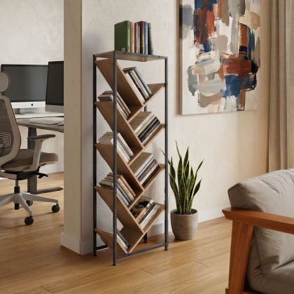 Metal bookcase Orunta, oak-black, 40x26.5x125 cm