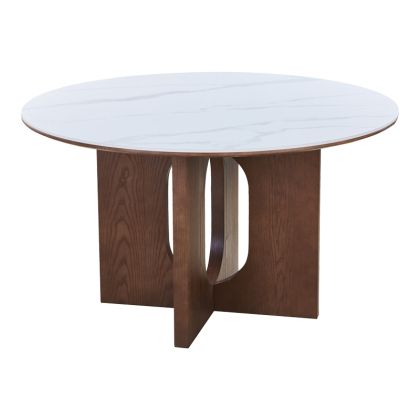 Dining table Merge sintered stone-MDF in white marble color - walnut base D130x75cm