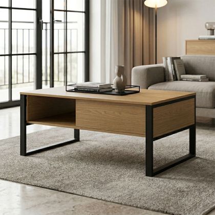 Bendon coffee table, light walnut - black metal 100x60x44.5cm