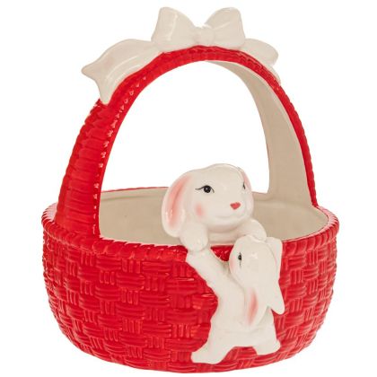 RED CERAMIC BASKET WITH RABBIT 24.5X22.5X26CM