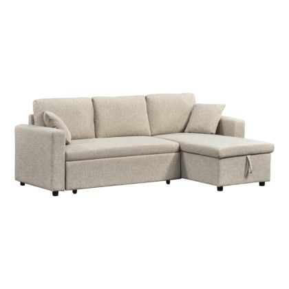 Kamore corner sofa bed with storage, fabric, beige, 223x146x85cm