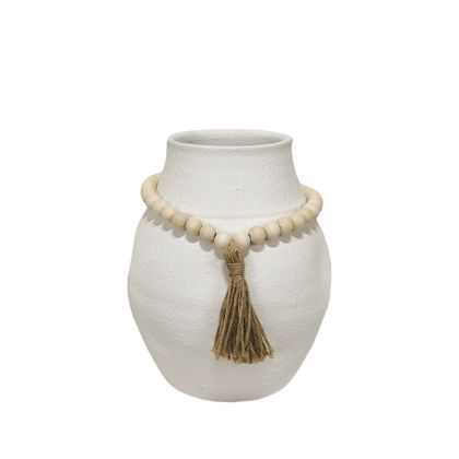 White cement pot/vase with wooden beads and tassel - Φ21X25.5CM 4/4BOX