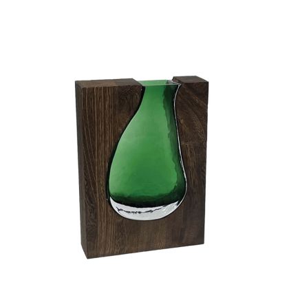 Glass vase green/brown in wooden rectangular frame/base - 18X5X24CM 18/KIB
