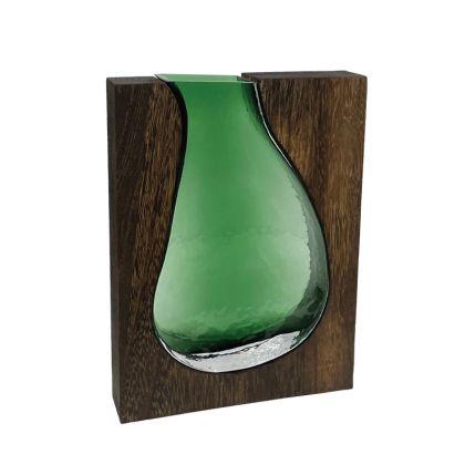 Glass vase green/brown in wooden rectangular frame/base - 22X5X29CM 12/KIB