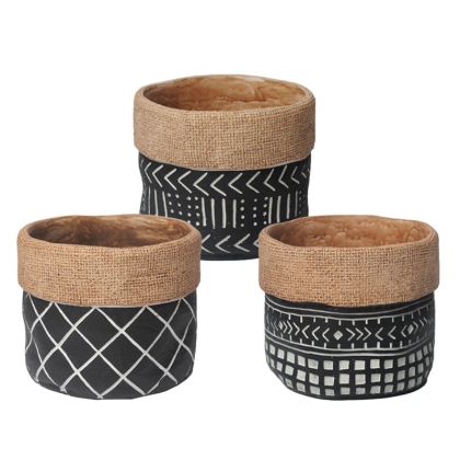 Cement flower pot (3 assorted designs) black embossed geometric elements - Φ14X12.3CM 3/12BOX