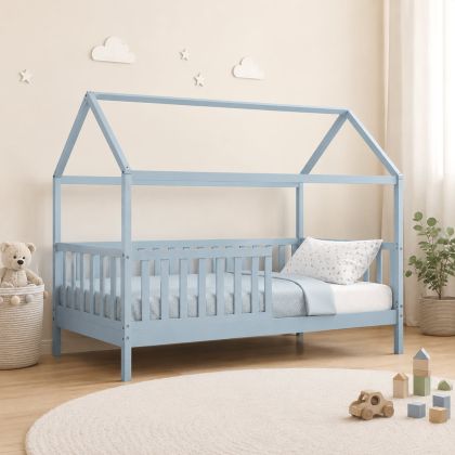 Детско легло DREAM Montessori с матрак 90x190/19см, бор, светлосин цвят