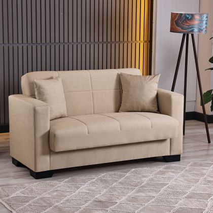 2-seater sofa bed Vox with storage space, beige fabric, 150x84x83cm