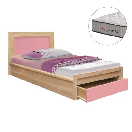 Детско легло с чекмедже PLAYROOM HM10752.02, меламин в цвят сонома/розово, с матрак 90x190 см
