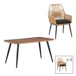 Трапезен комплект Naoki-Tanish 5 бр glass-pe ратан в естествен нюанс с черни крака 140x80x78см