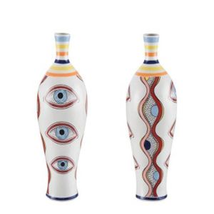 ВАЗА КЕРАМИЧНА, БЯЛА СЪС СИНИ ОЧИ, 14.5x14.5x36.5 см