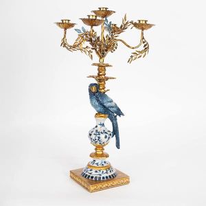 Parrot candlestick, polyresin, blue - brown - gold, 5 positions 24x24x51.5cm