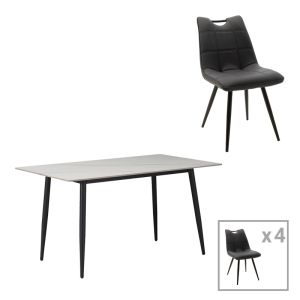 КОМПЛЕКТ МАСА И СТОЛОВЕ GUSTAS-NELY 5 ЧАСТИ БЯЛ МРАМОР СИНТЕРОВАН КАМЪК-ЧЕРЕН МЕТАЛ 120X60X75СМ