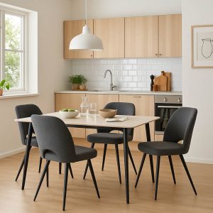 КОМПЛЕКТ МАСА И СТОЛОВЕ GUSTAS-RENISH, 5 ЧАСТИ, БЯЛ МРАМОР, СИНТЕРОВАН КАМЪК, БУКЛЕ, СИВ, 120X60X75 СМ