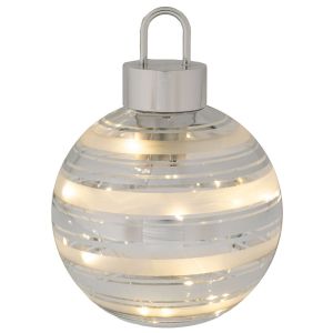 БЯЛА СТЪКЛЕНА ТОПКА СЪС СРЕБЪРНА РАЙОНА И LED СВЕТЛИНА Φ15 СМ, С БАТЕРИЯ