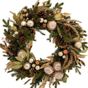 ЗЕЛЕН ВЕНЕЦ ОТ БОРОВИ ИГЛИЧКИ С КОЛЕДНИ ТОПКИ 71 СМ