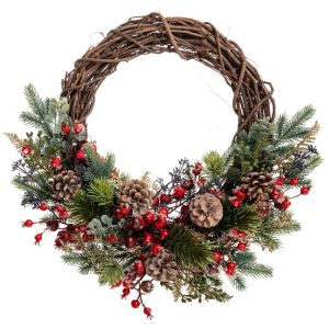 ЗЕЛЕН ВЕНЕЦ С ЧЕРВЕНИ ПЛОДОВЕ И БОРОВИ ШИШАРКИ 50 СМ