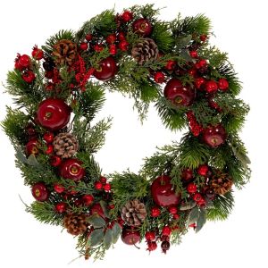 ЗЕЛЕН ВЕНЕЦ С ЧЕРВЕНИ ПЛОДОВЕ, ШИШАРКИ И НАРОВЕ 55 СМ