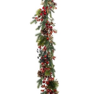 ЗЕЛЕН ГИРЛЯНД С ЧЕРВЕНИ ПЛОДОВЕ И БОРОВИ ШИШАРКИ 180 СМ