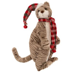 КОЛЕДНА СИВА СЕДЯЩА КОТКА С КАРИРАНА ШАПКА И ШАЛ 23X20X51СМ