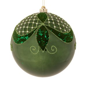 КОЛЕДНА ТОПКА ТЪМНОЗЕЛЕНА ПЕРЛЕНА, НЕЧУПЛИВА 15 СМ С ДИЗАЙН