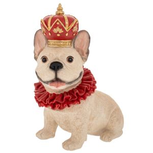 КОЛЕДНА ФИГУРА НА СЕДЯЩО КУЧЕ ОТ БЯЛА ПОЛИРЕЗИН, НОСЕЩО ЧЕРВЕНА КОРОНА, 23X13,5X28СМ