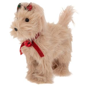 КОЛЕДНО БЕЖОВО КУЧЕ С ЧЕРВЕН НАШИЙНИК И КАРИРАНА ПАНДЕЛКА НА КОСАТА 31X11X32 СМ